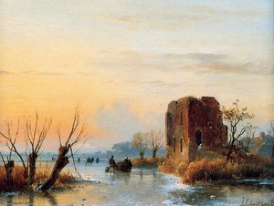 Ruin In Winter Landscape Sun — Andreas Schelfhout