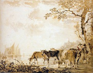 Landscape With Cows Sun — Abraham Van Strij