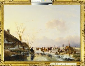 Skaters By A Booth On A Frozen River, — Andreas Schelfhout