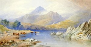Cattle Watering At A Lake Before A Mountain Landscape — Thomas Sewell Robins