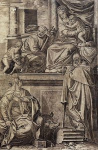 The Holy Family With Sts Anthony Abbot, Catherine And The Infant St John — Agostino Carracci, Baroque