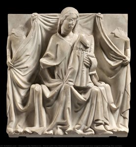 Panel with the Madonna enthroned,Child and two angels\nholding the curtain