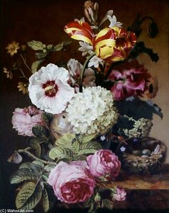 Still Life Flowers W Birds Nest — Jacques Barraband