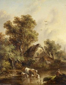 Cows Watering By A Cottage Among Trees — Richard Hilder