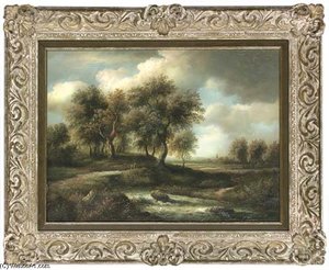 Figures Crossing A Bridge Beside A River — John Berney Ladbrooke