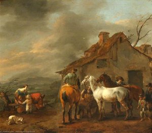 A Group Of Figures And Horses With A Cottage In The Background — Johannes Lingelbach