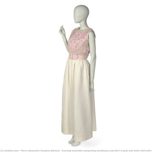 Evening ensemble comprising overblouse and skirt in pink and white twill with confection beading