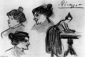 Mujer Apoyándose En La Mesa Y Tres Rostros De Perfil — Pablo Picasso