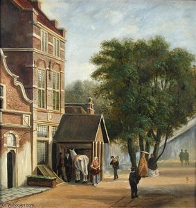Dutch Street Scene With Walkers Passing By, And A Grey Horse Outside An Inn — Johannes Frederik Hulk, Realism