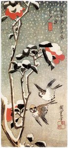Sparrows In The Sazanka In Snow — Ando Hiroshige