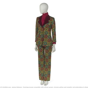 Evening Trouser Ensemble With Allover Green, Chrome Yellow And Metallic Red Embroidery In Diamond And Lozenge Pattern — James Galanos, 1970s Couture Elegance