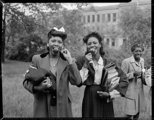 Young Women Eating Caramel Apples, Including Helen Ruth Daniels In Center, And Possibly Cora On Right, On Lawn With Building In Background, Possibly Schenley High School — Charles "teenie" Harris