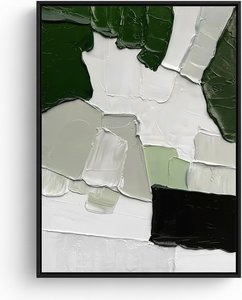Abstract Impasto Oil Painting On Canvas - Forest Green & White, Abstract Expressionism Hand-painted With Expressi