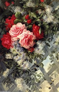 Roses La France And Jack Noses With Clematis On A Latice Work, No. 36 — Paul De Longpré