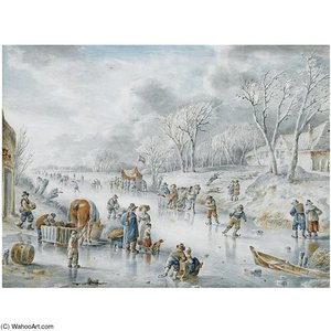 Many Figures On A Frozen Canal, A 'koek En Zopie' In The Distance — Andries Vermeulen