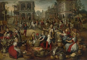 Marketplace, With The Flagellation, The Ecce Homo And The Bearing Of The Cross In The Background, Joachim Bueckelaer (copy After), 1550 - 1590 — Joachim Beuckelaer