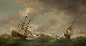 Frigates Shortening Sails Offshore — Charles Brooking