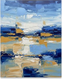 Fragmented Horizons In Cerulean And Ochre: A Singular Study Of Serene Topography — Laurent Fabre, Neo-abstract Art