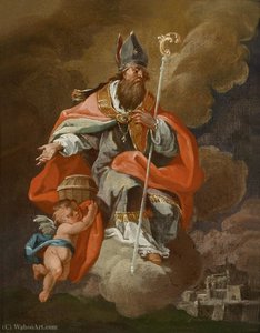 St. Rupertus and an angel hovering with the salt pot, his attribute, over Salzburg