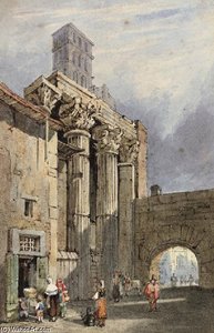 Figures Bathed In Sunlight On A Continental Street — Samuel Prout