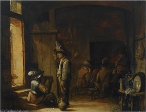 Tavern interior with a soldier sitiing and drinking beside a boor