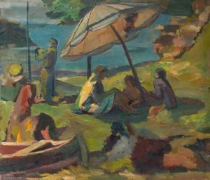 Beach Scene With A Sunshade — Theodor Kern