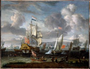 An English Yacht Saluting A Dutch Man-of-war In The Port Of Rotterdam — Abraham Storck (sturckenburch)