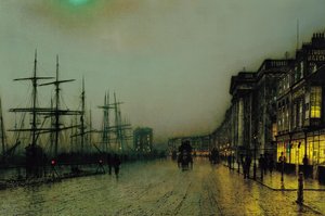 John Atkinson Grimshaw 61 X 91 Cm Pre-raphaelite Movement, Victorian Urban Landscapes Realism/naturalism Harbor Scene, Maritime Vessels, Waterfront Architecture, Dusk Lighting Realistic, Atmospheric, Detailed Waterfront Street Scene, Maritime Activi — Džon Atkinson Grimšo
