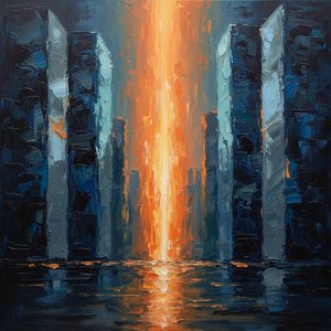 Luminous Monoliths: A Singular Vision Of Radiant Gold Amidst Midnight Shadows — Christian Noiret, Contemporary Abstract Painting