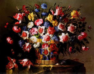 STILL LIFE OF VARIEGATED TULIPS, ROSES, ANEMONE, LOVE-IN-A MIST (NIGELLA), CORNFLOWERS, DAFFODILS AND OTHER FLOWERS