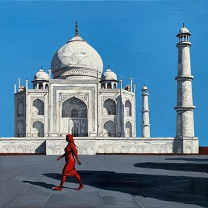 Crimson Solitude Amidst Eternal Marble — Guillaume Schmitt, Contemporary Impressionism