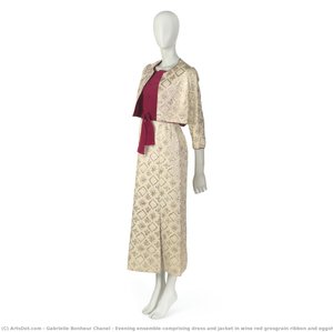Evening ensemble comprising dress and jacket in wine red grosgrain ribbon and eggshell and silver brocade, with ribbon belt