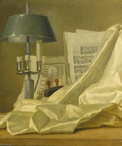 A Still Life With A Bouillette Lamp, A Sheet Of Music, A Violin And A White Satin Cloth On A Stone Ledge — Henri Horace Roland De La Porte