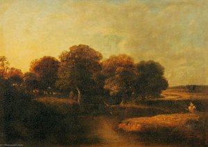 Wooded Stream With Anglers And A Man On A White Horse — William Henry Crome