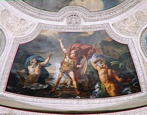 L'EAU.ACHILLE PRES D'ETRE ENGLOUTI PAR LE XANTHE ET LE SIMOIS, IRRITES DU CARNAGE QU'IL A FAIT DES TROYENS