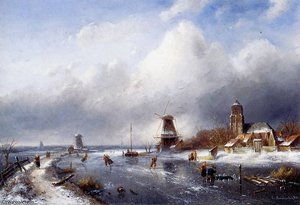 Winterlandscape With Scaters Sun — Charles Henri Joseph Leickert