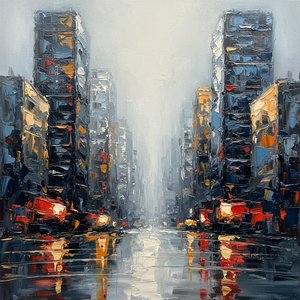 Monolithische Echos Eines Urbanen Canyons In Scharlachrot Und Schieferblau-impasto — Christian Noiret, Zeitgenössische Abstraktion