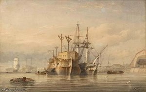 A Frigate Refitting Alongside A Hulk In Devonport — Thomas Sewell Robins