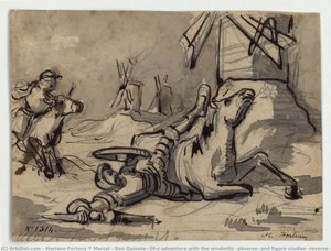 Don Quixote's adventure with the windmills (obverse) and figure studies (reverse)