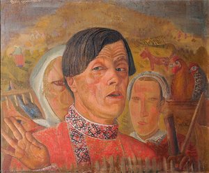 Self-portrait With Rooster And Hen — Boris Dmitrievich Grigoriev