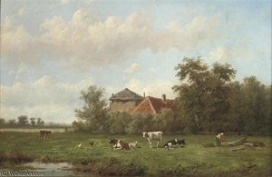 Cattle Grazing With A Farmstead Beyond — Anthonie Jacobus Van Wijngaerdt