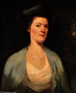 Portrait Of A Lady, Half-length, In A White And Blue Dress — George Romney