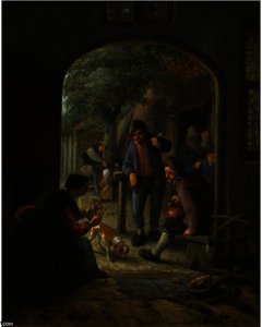 A Spinner Conversing With Two Smoking And Drinking Peasants At The Court-yard Of An Inn, Figures And Children In The Background — Adriaen Van Ostade