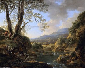 An Extensive River Landscape With Herdsmen Resting Their Goats Under A Tree