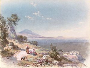 Figures With A Donkey Resting By The Steps Overlooking The Bay — Charles Rowbotham