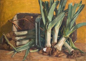 Still Life of Leeks against a Basket