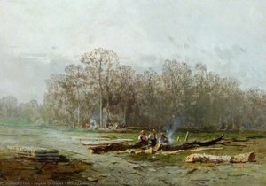 Misty Landscape With Woodcutters Around A Fire — Eugene Deshayes