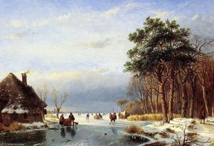 Scaters On Frozen River With Firs Sun — Andreas Schelfhout