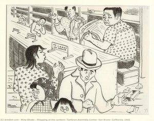 Shopping At The Canteen, Tanforan Assembly Center, San Bruno, California, 1942 — Miné Okubo
