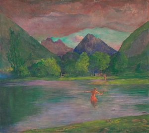 The Entrance to the Tautira River, Tahiti. Fisherman Spearing a Fish